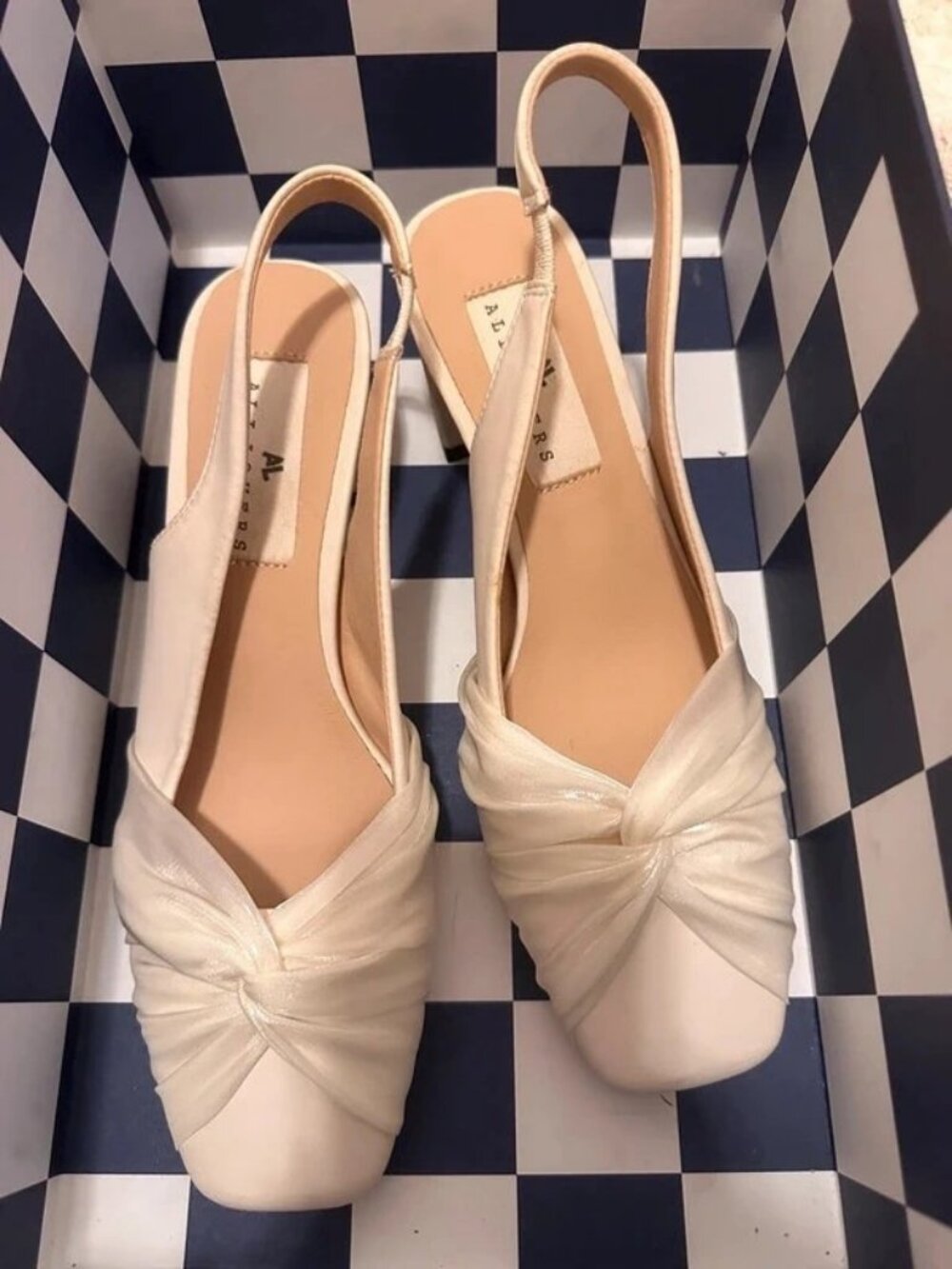 White Slingback Block Heels with Twisted Knot Detail